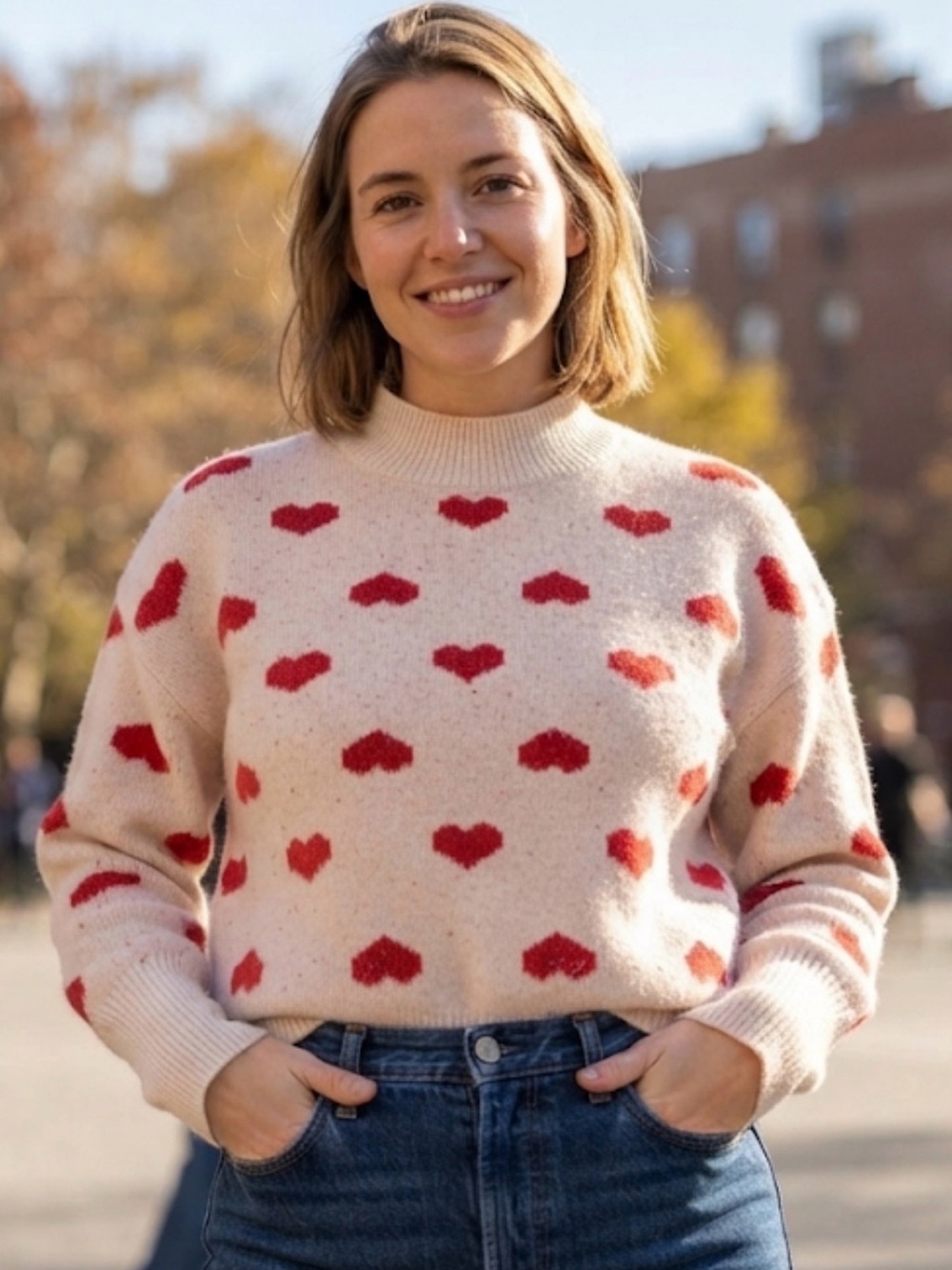 Cozy Heart-Print Crewneck Sweater - Cream with Red Hearts